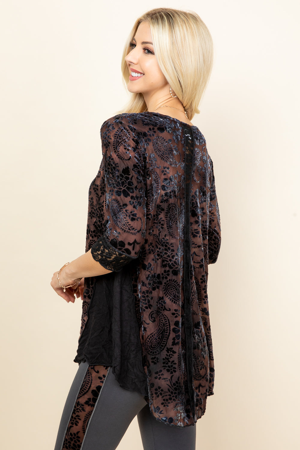 Back view of brown velvet patchwork tunic – handmade boho top, made in Los Angeles