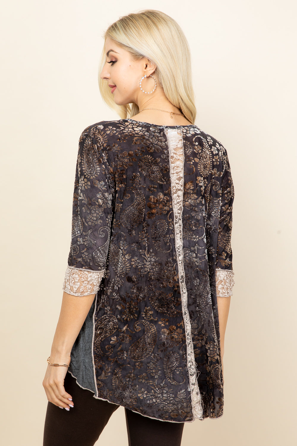 Back view of charcoal velvet patchwork tunic – handmade boho top, made in Los Angeles