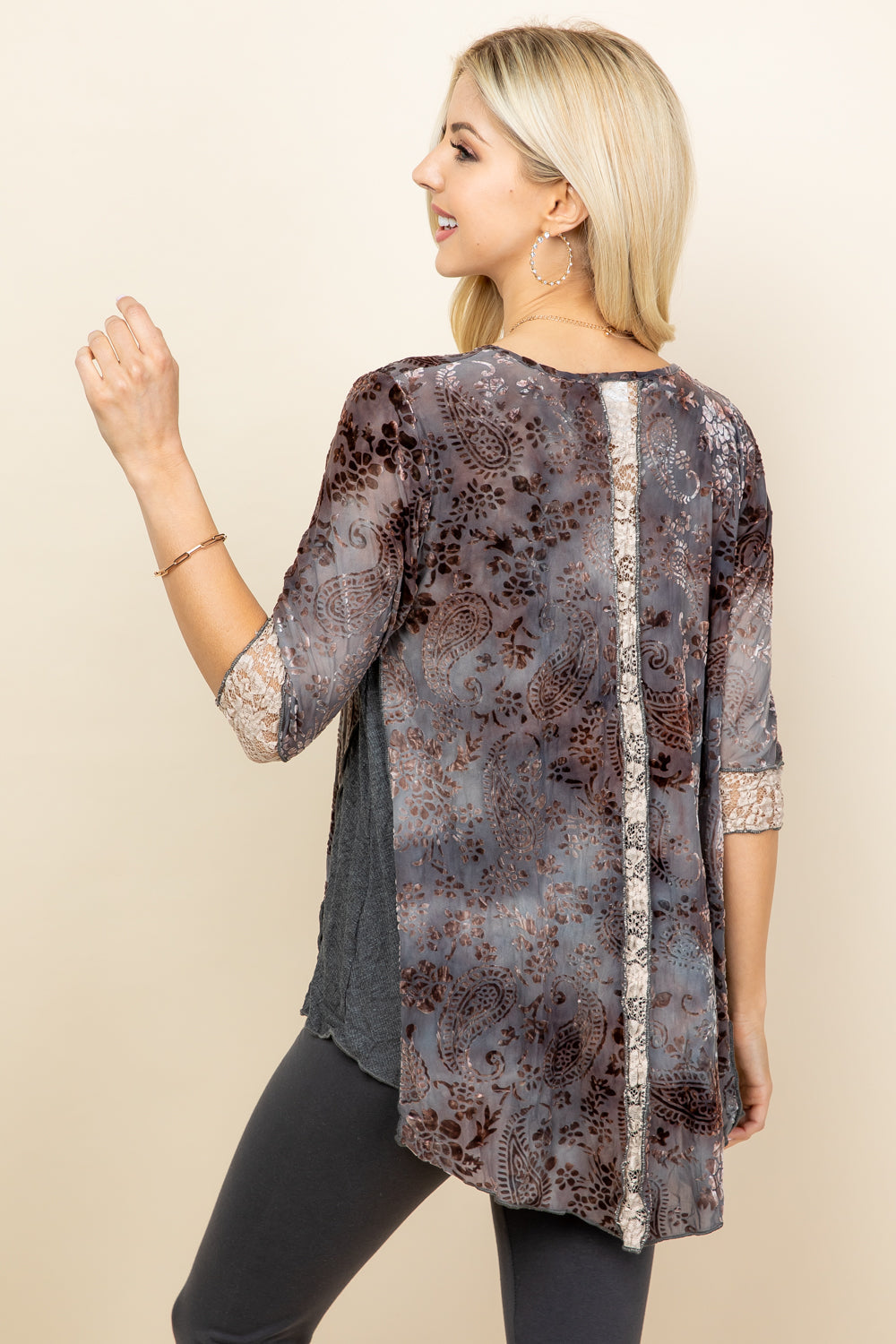 Back view of light grey velvet patchwork tunic – handmade boho top, made in Los Angeles