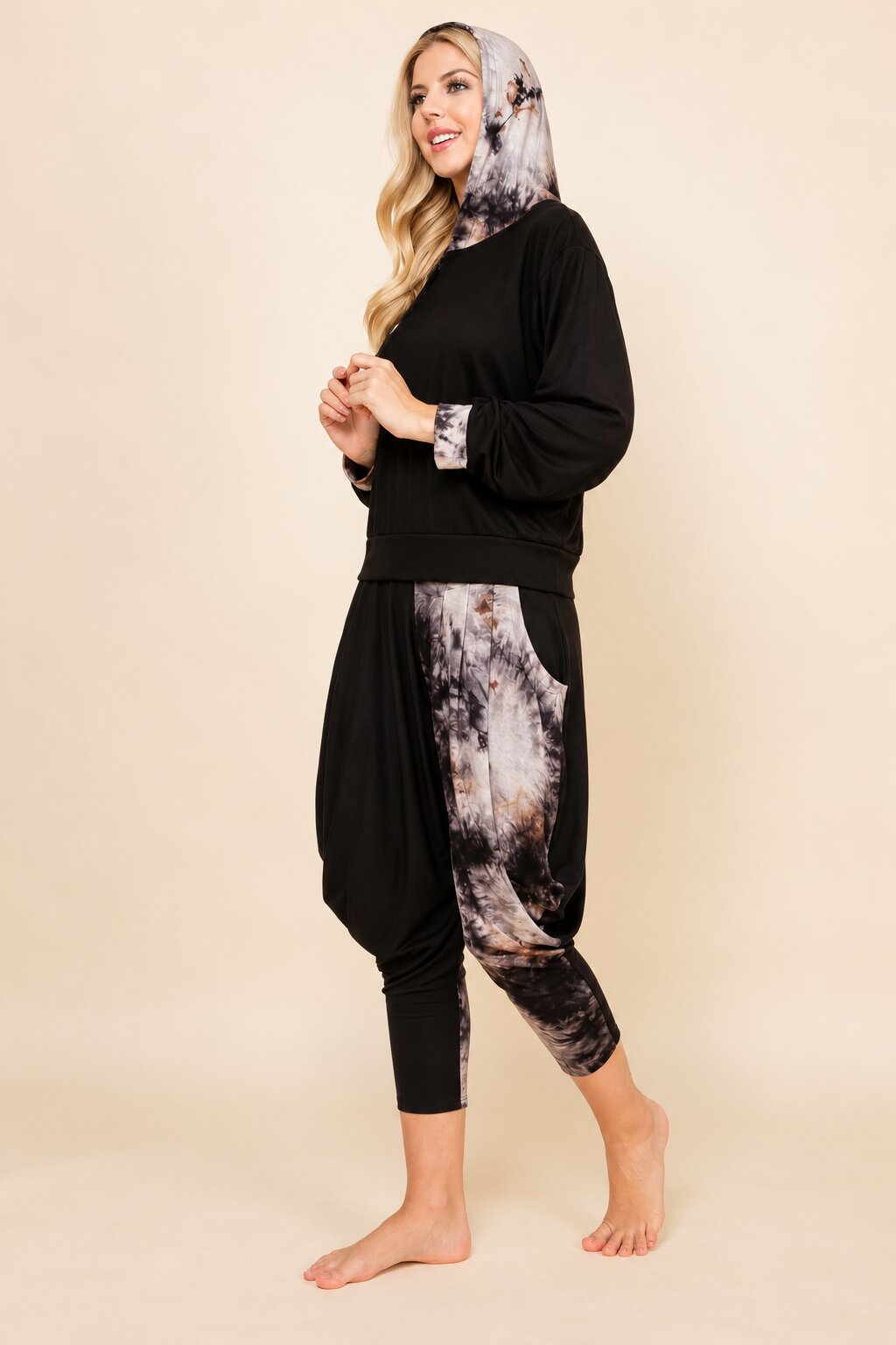 Black Patchwork Hoodie &amp; Harem Pants Matching Set | Made in USA