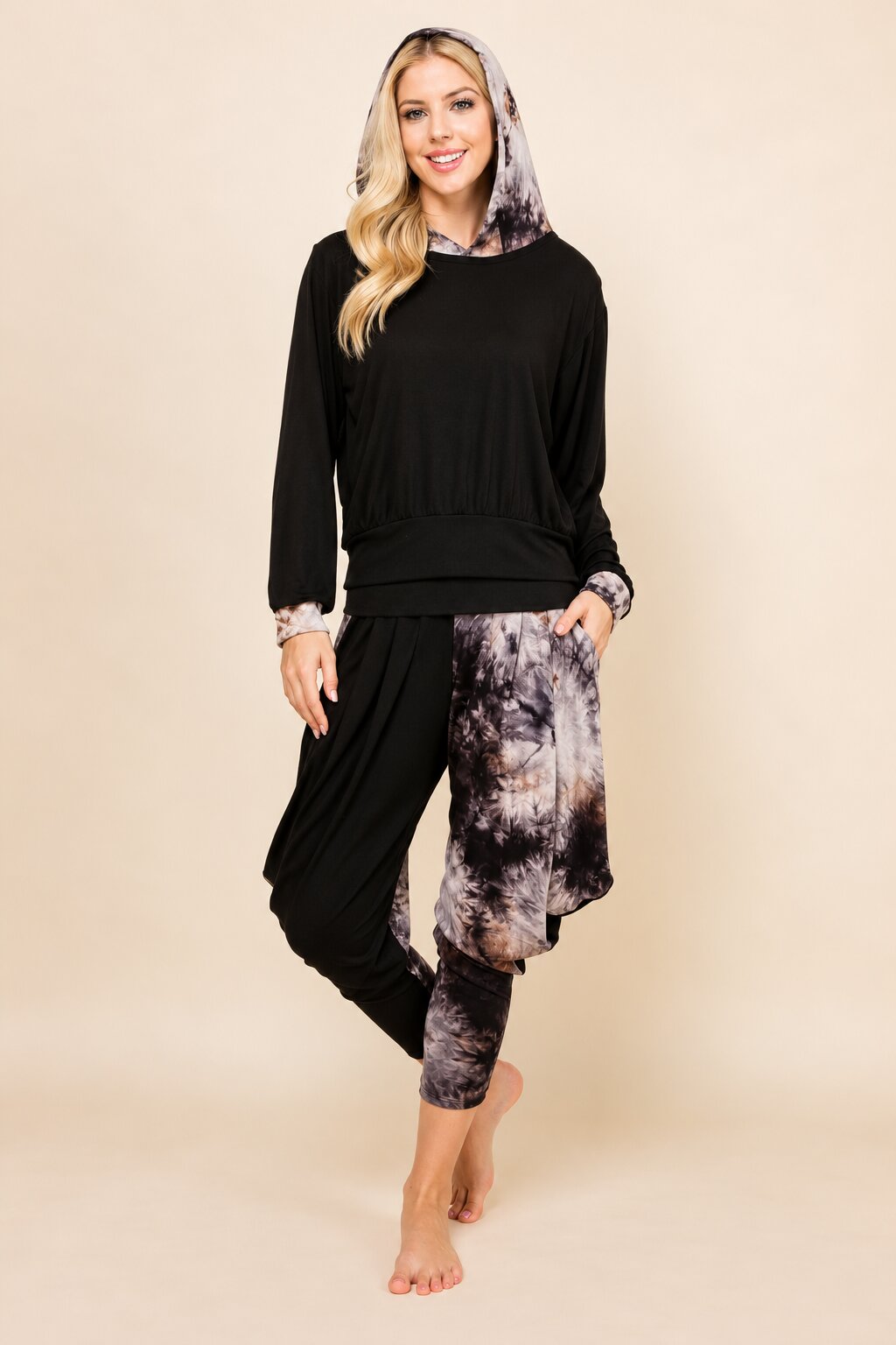 Black Patchwork Hoodie &amp; Harem Pants Matching Set | Made in USA