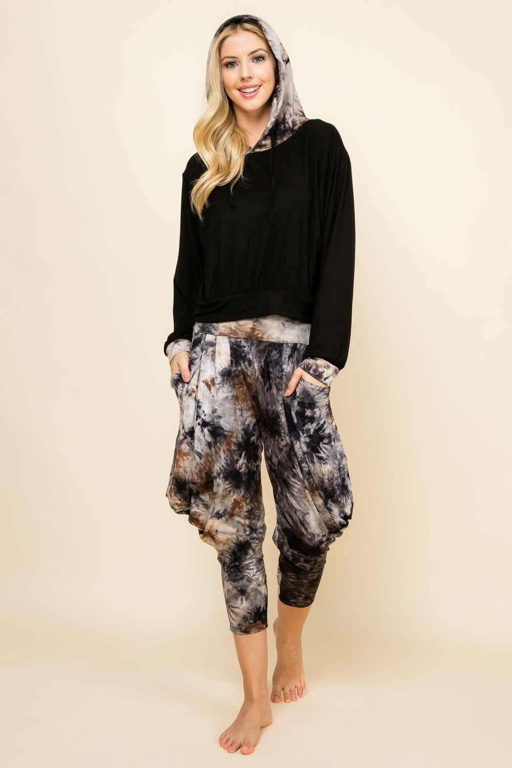 Kooniez Set - Dark Navy Tie-Dye Pants &amp; Dark Navy Patchwork Hoodie