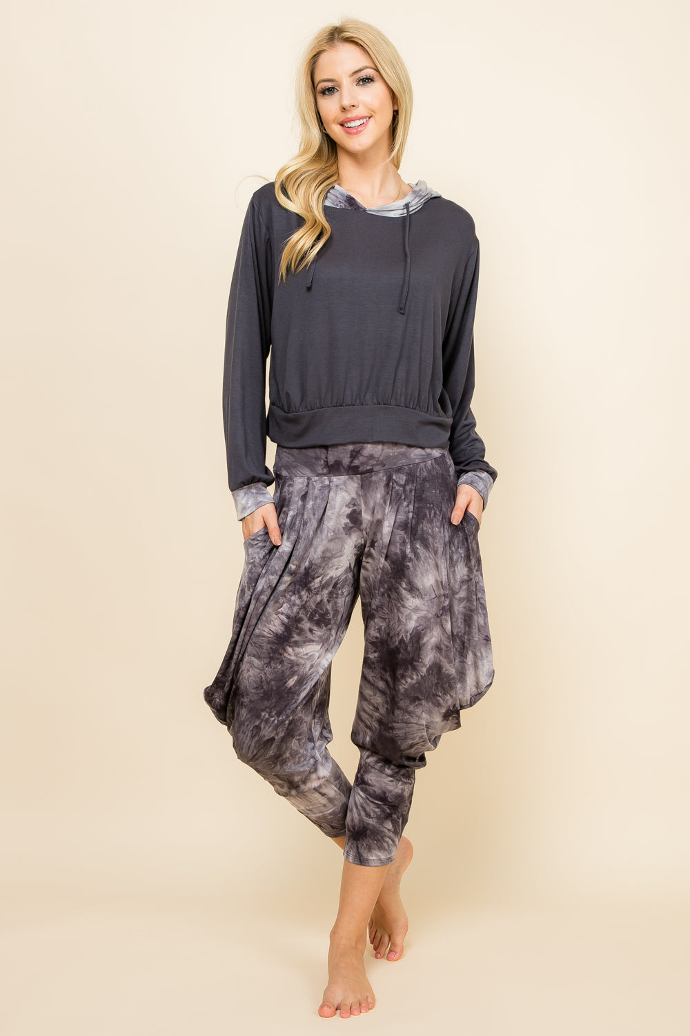 Black/White Tie-Dye Pants & Charcoal Patchwork Hoodie