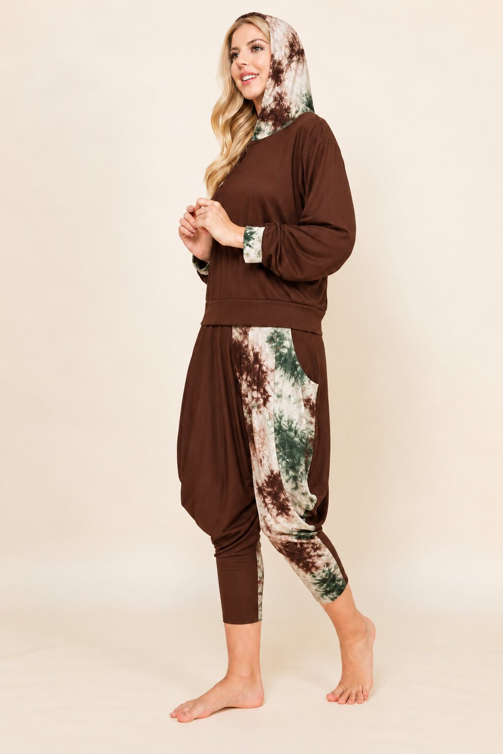 Brown Patchwork Hoodie &amp; Harem Pants Matching Set | Made in USA