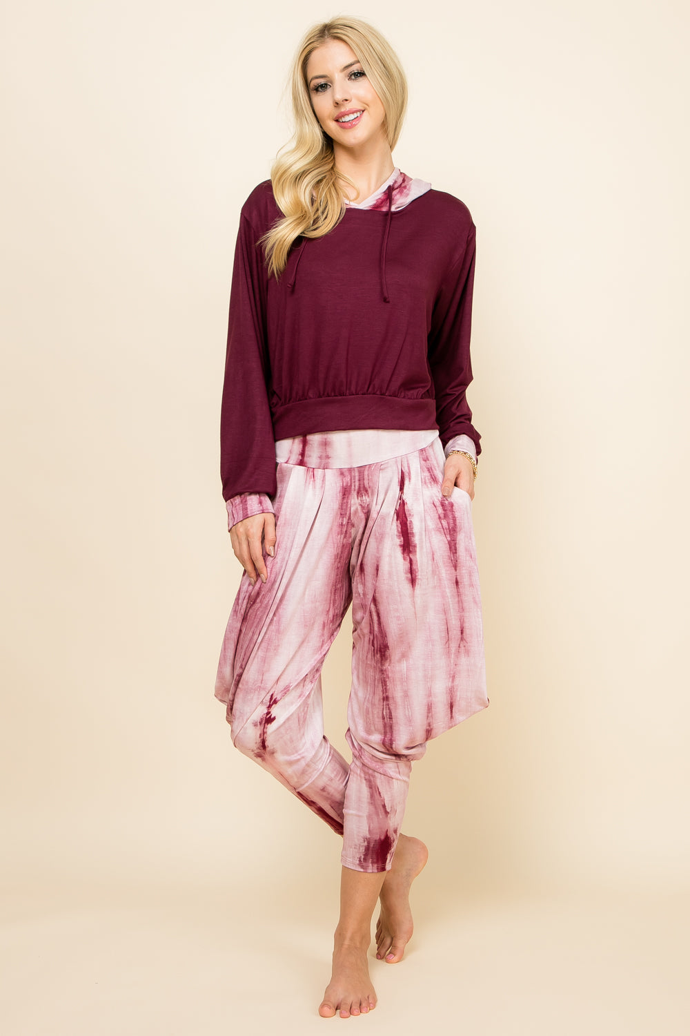 Burgundy Marble Tie-Dye Pants &amp; Burgundy Marble Patchwork Hoodie