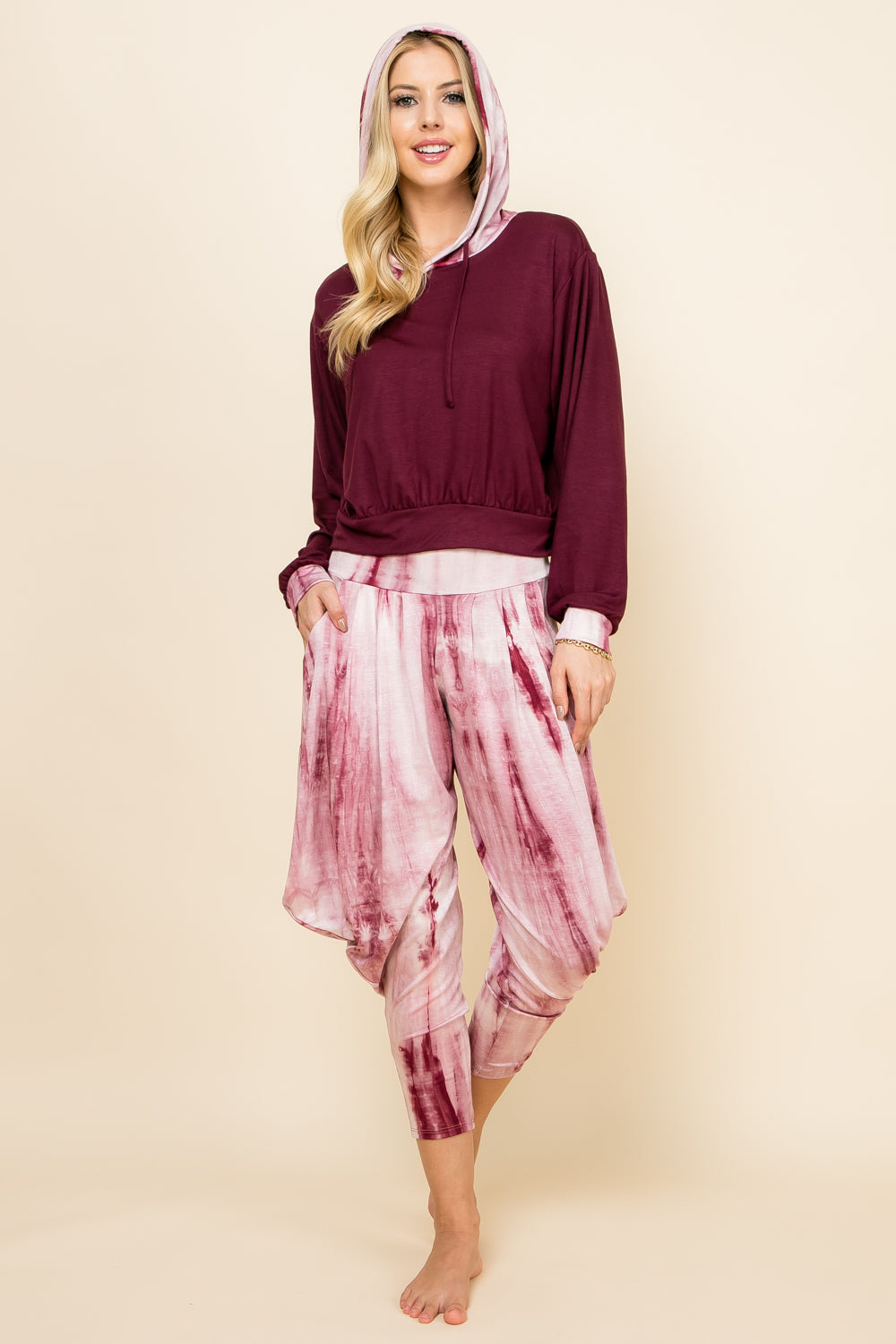 Burgundy Marble Tie-Dye Pants &amp; Burgundy Marble Patchwork Hoodie