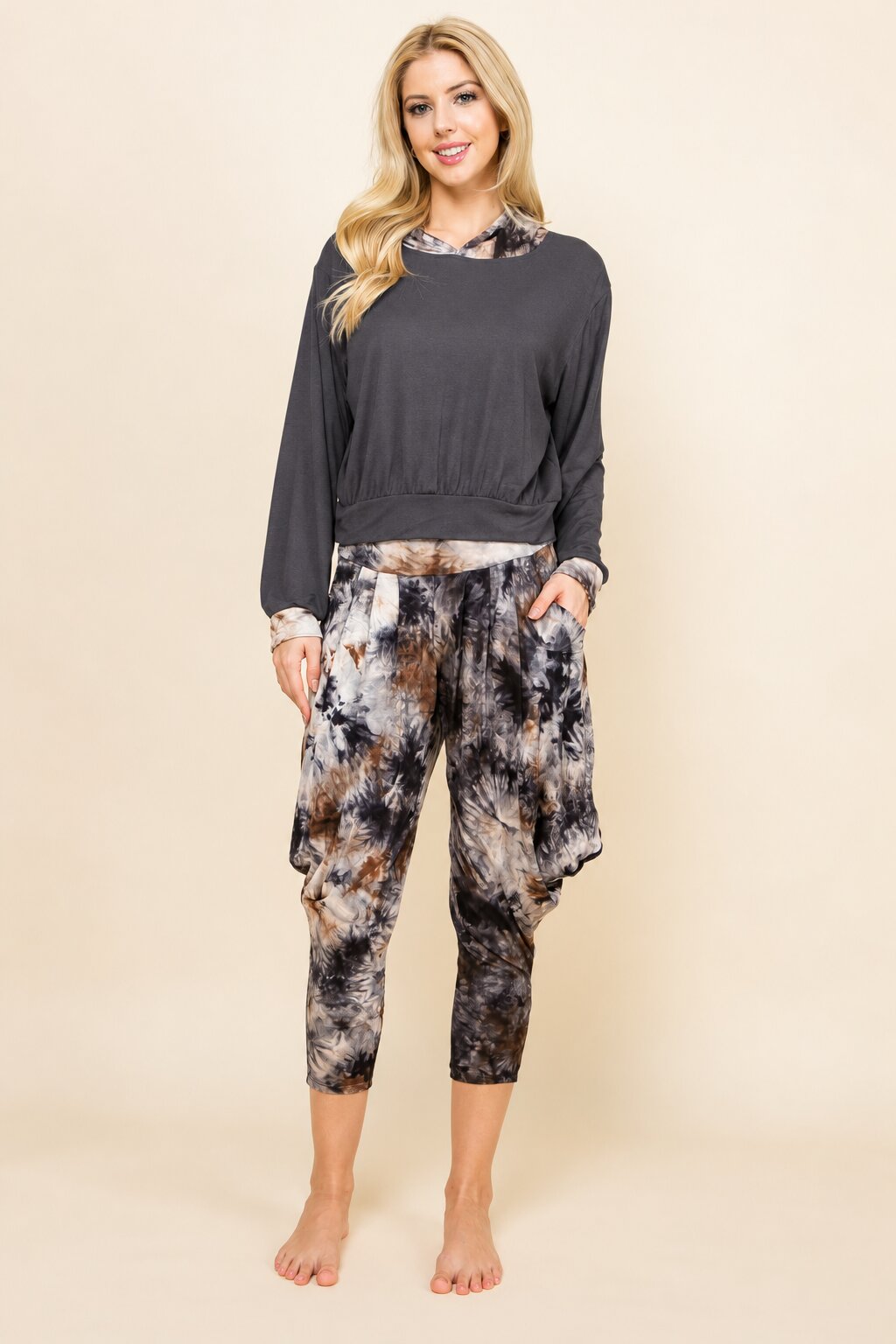 Charcoal &amp; Dark Navy Tie Dye Hoodie &amp; Harem Pants Matching Set | Made in USA