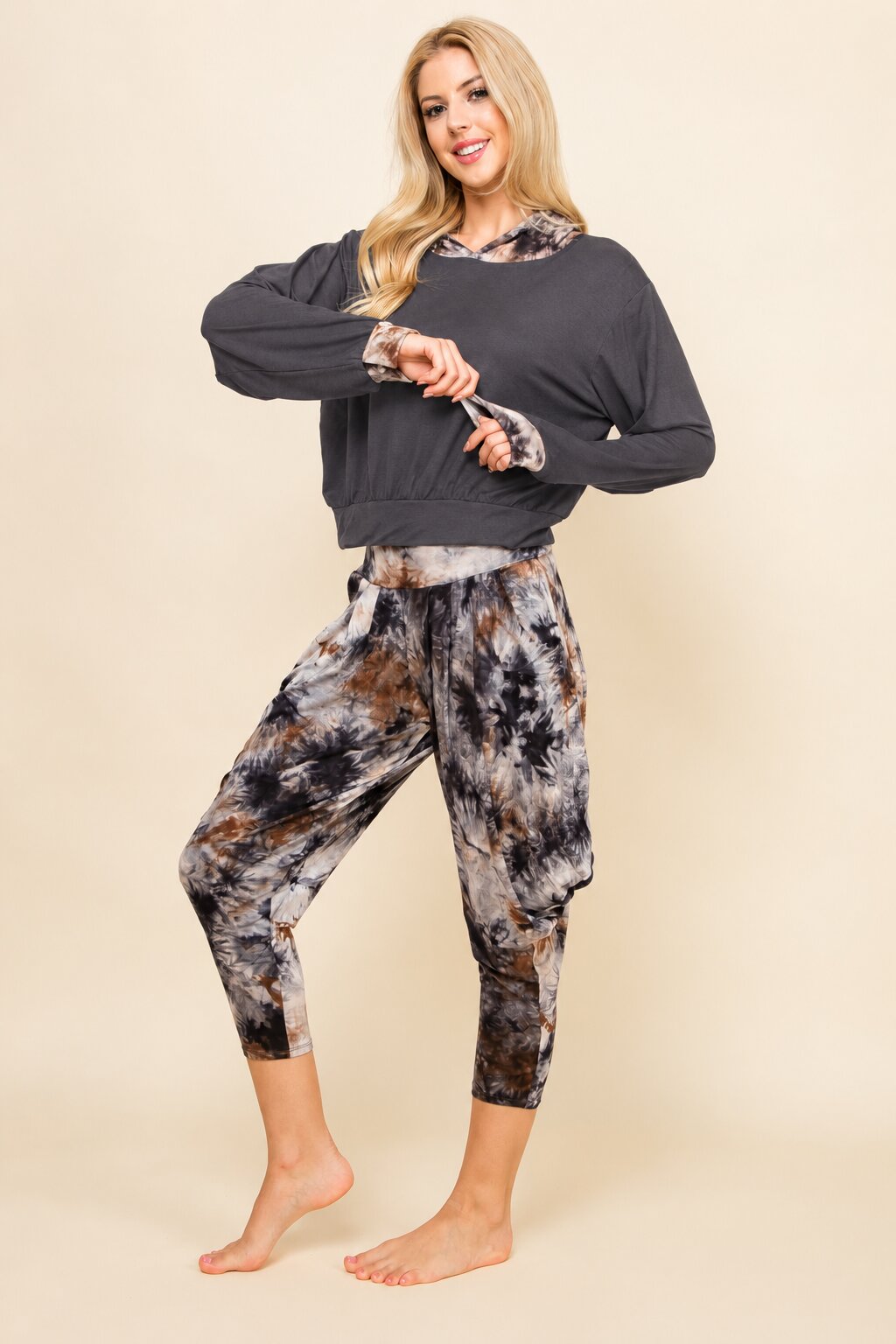 Charcoal &amp; Dark Navy Tie Dye Hoodie &amp; Harem Pants Matching Set | Made in USA