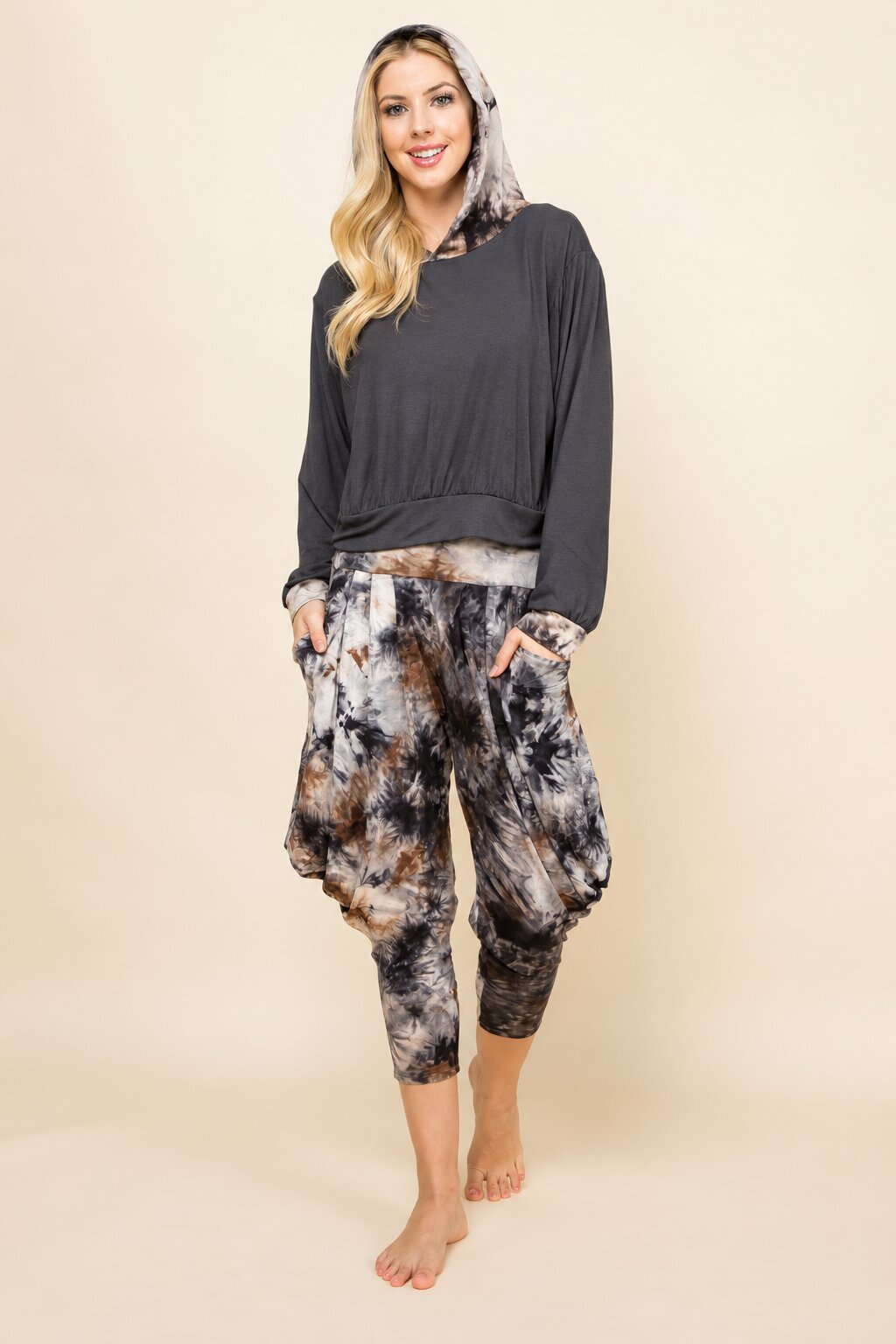 Charcoal & Dark Navy Tie Dye Hoodie & Harem Pants Matching Set | Made in USA
