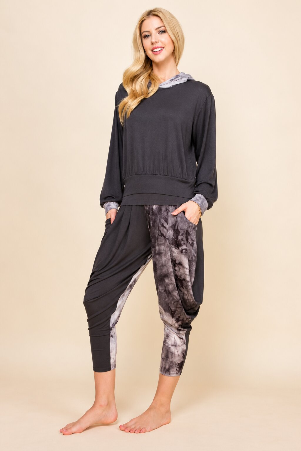 Charcoal Patchwork Hoodie &amp; Harem Pants Matching Set | Made in USA