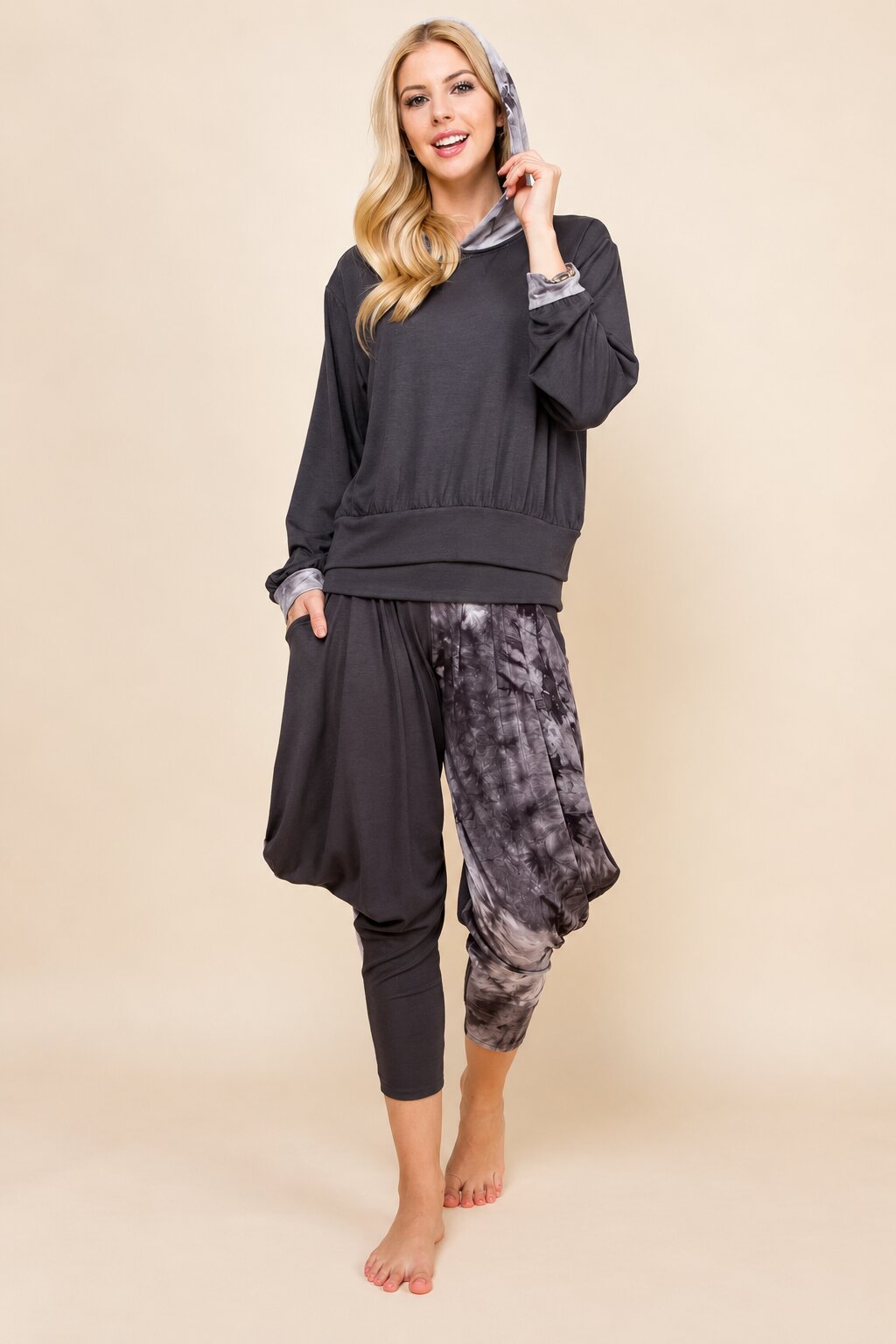 Charcoal Patchwork Hoodie &amp; Harem Pants Matching Set | Made in USA