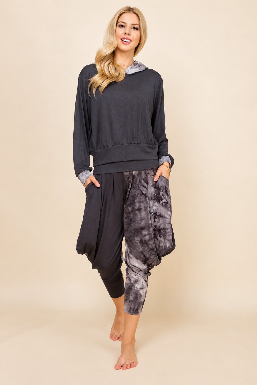 Charcoal Patchwork Hoodie &amp; Harem Pants Matching Set | Made in USA