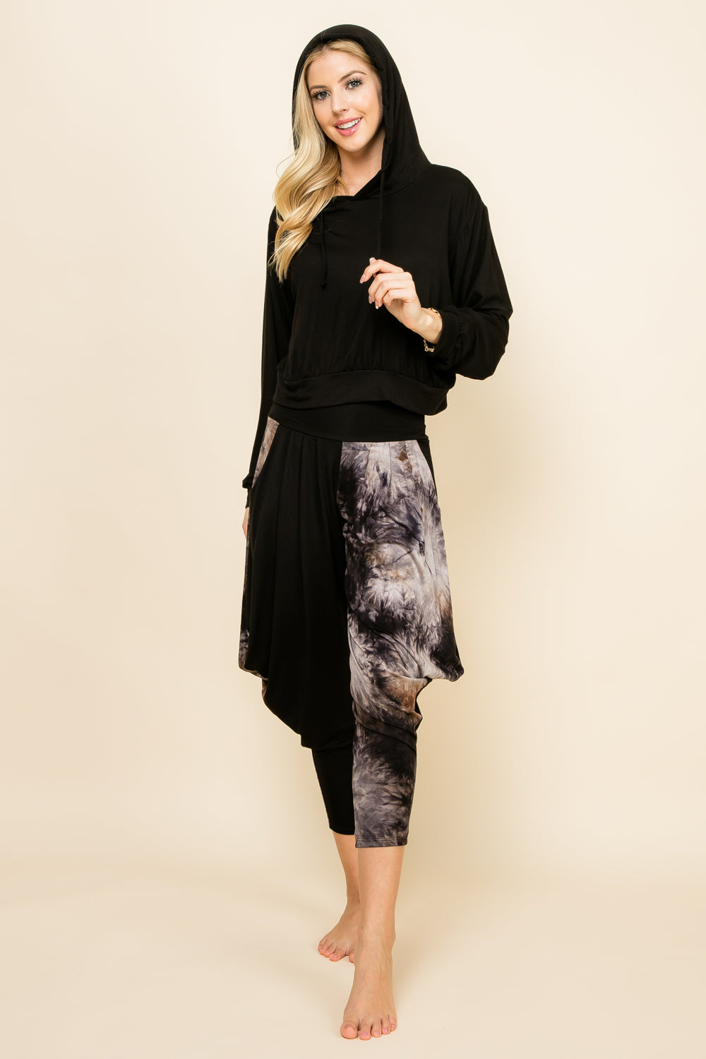 Black Patchwork Pants &amp; Black Solid Hoodie