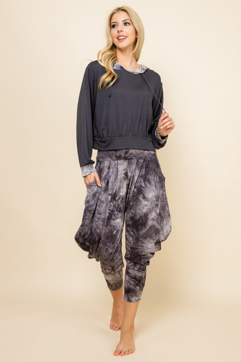 Black/White Tie-Dye Pants &amp; Charcoal Patchwork Hoodie