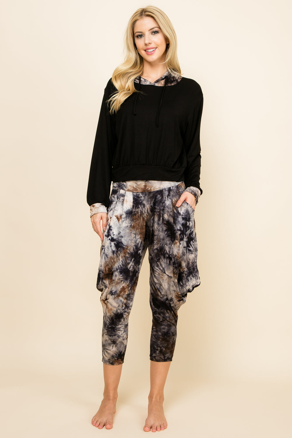 Kooniez Set - Dark Navy Tie-Dye Pants &amp; Dark Navy Patchwork Hoodie