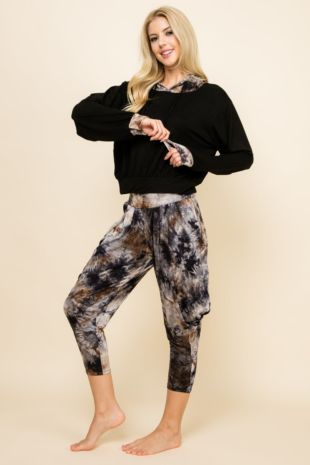 Kooniez Set - Dark Navy Tie-Dye Pants &amp; Dark Navy Patchwork Hoodie