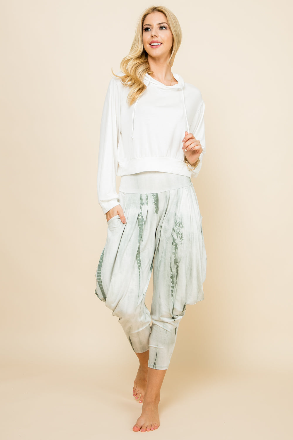 Mint Tie-Dye Pants &amp; Ivory Solid Hoodie