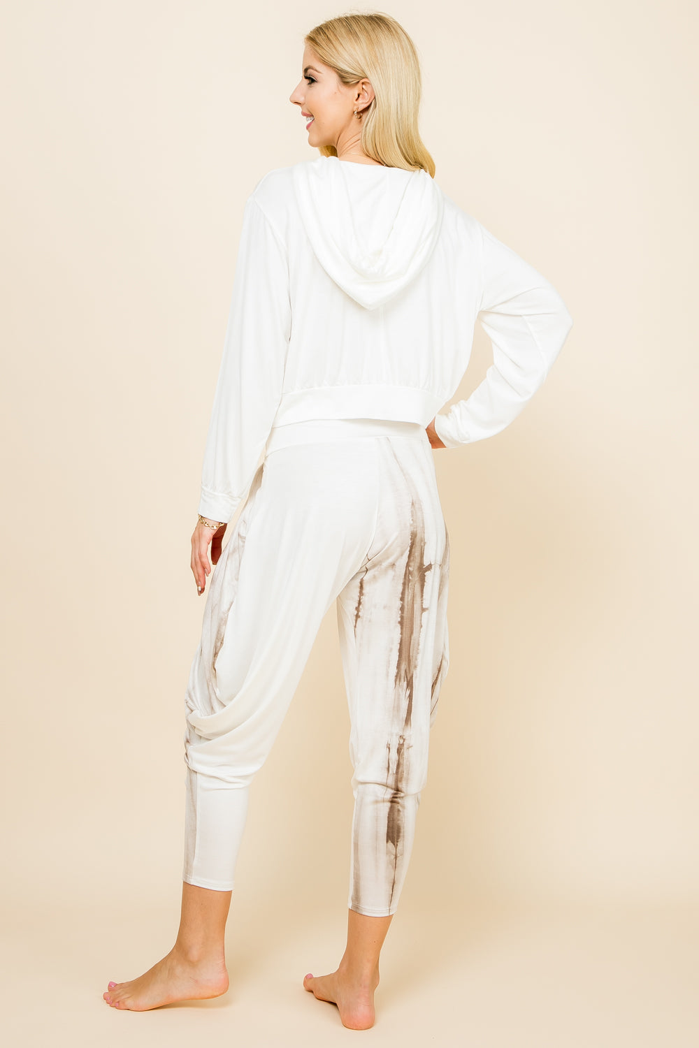 Mocha Tie-Dye Patchwork Pants &amp; Ivory Solid Hoodie
