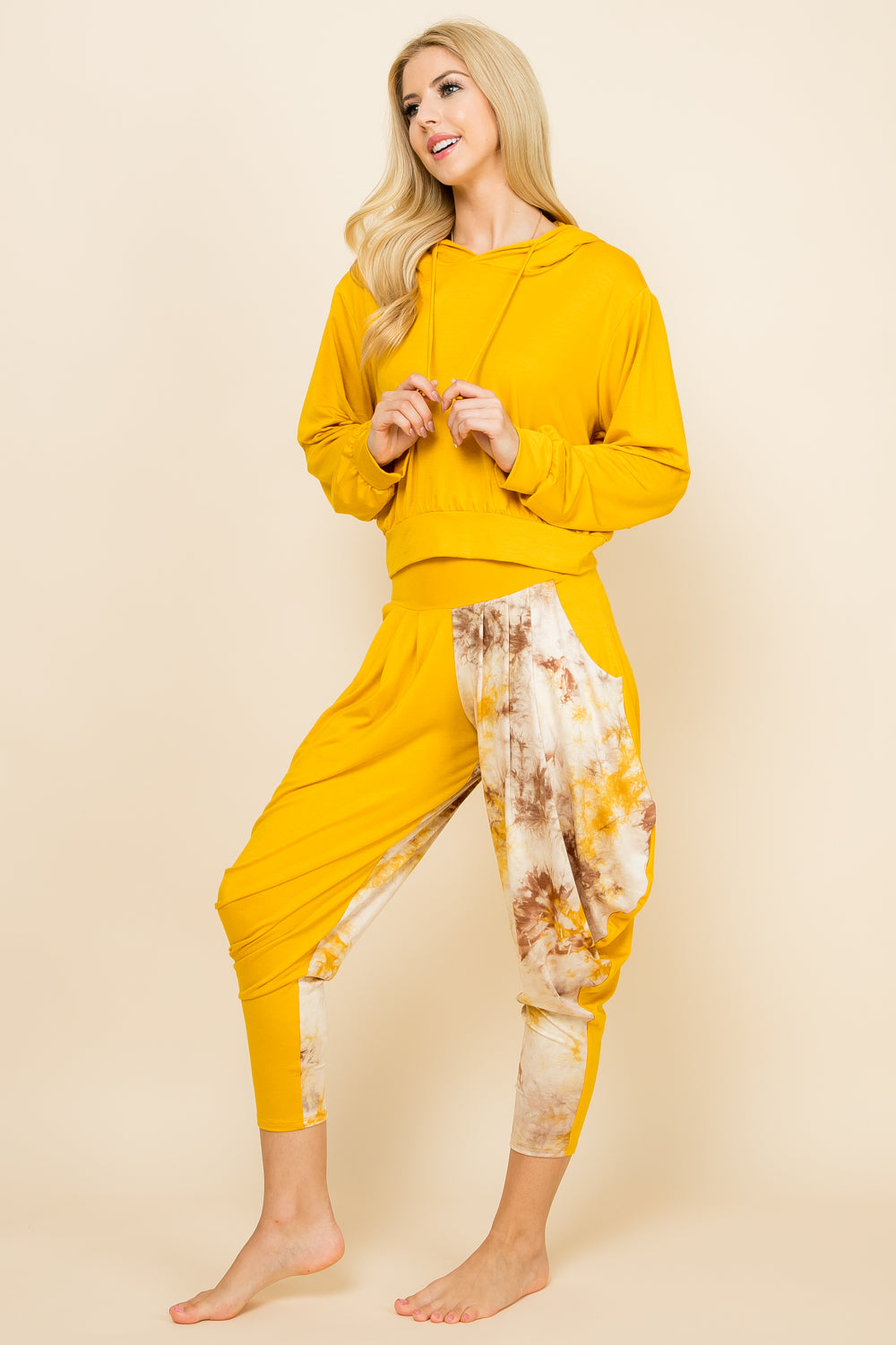 Kooniez Set - Mustard Patchwork Pants &amp; Mustard Solid Hoodie