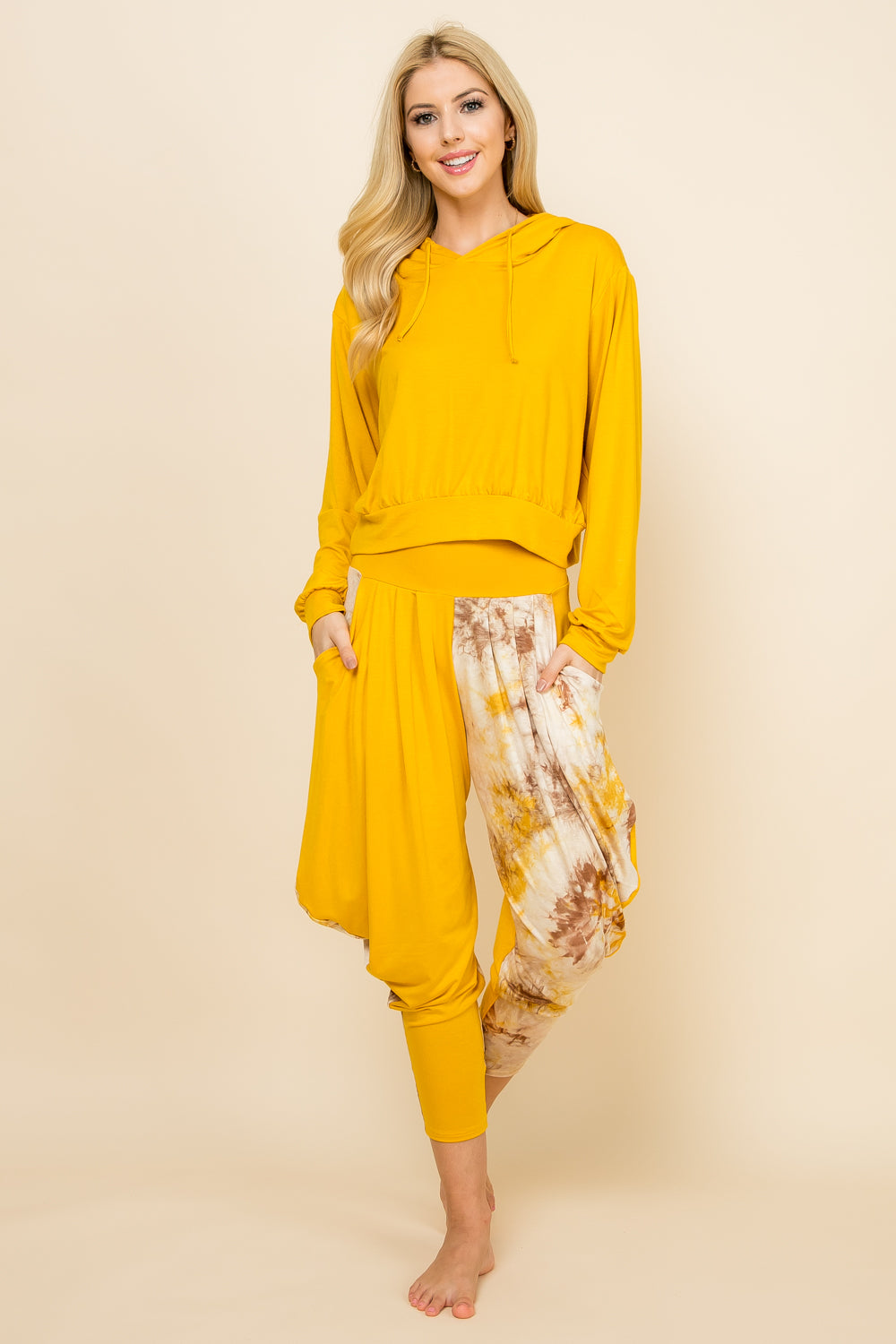 Kooniez Set - Mustard Patchwork Pants &amp; Mustard Solid Hoodie