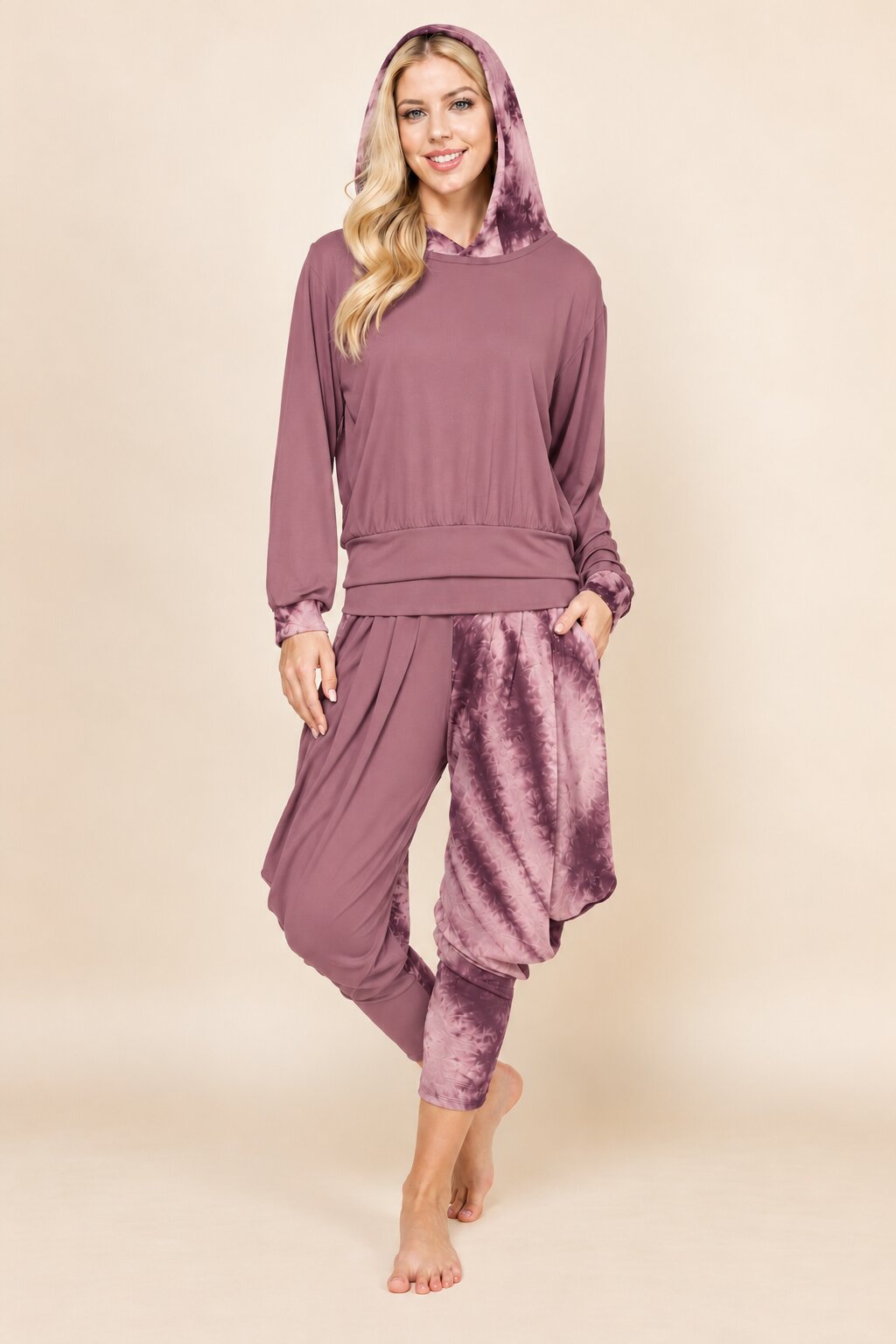 Mauve Patchwork Hoodie &amp; Harem Pants Matching Set | Made in USA
