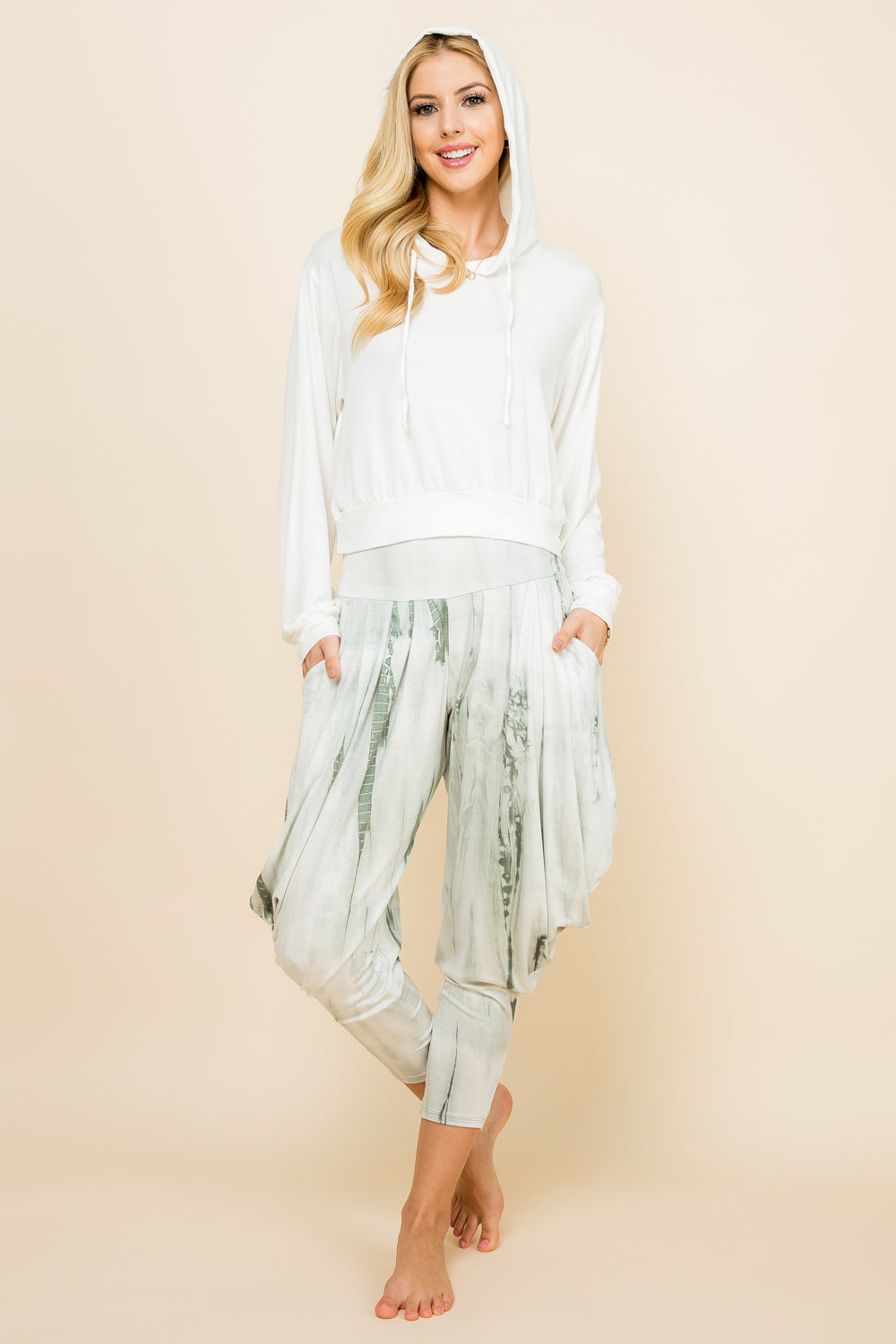 Mint Tie-Dye Pants & Ivory Solid Hoodie