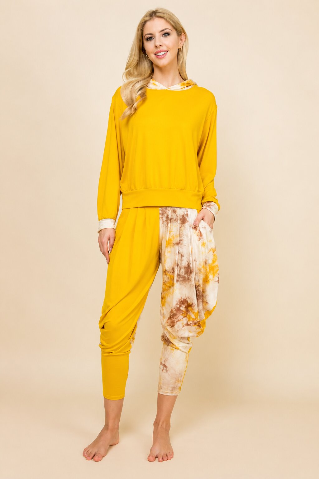 Mustard Patchwork Hoodie &amp; Harem Pants Matching Set | Made in USA
