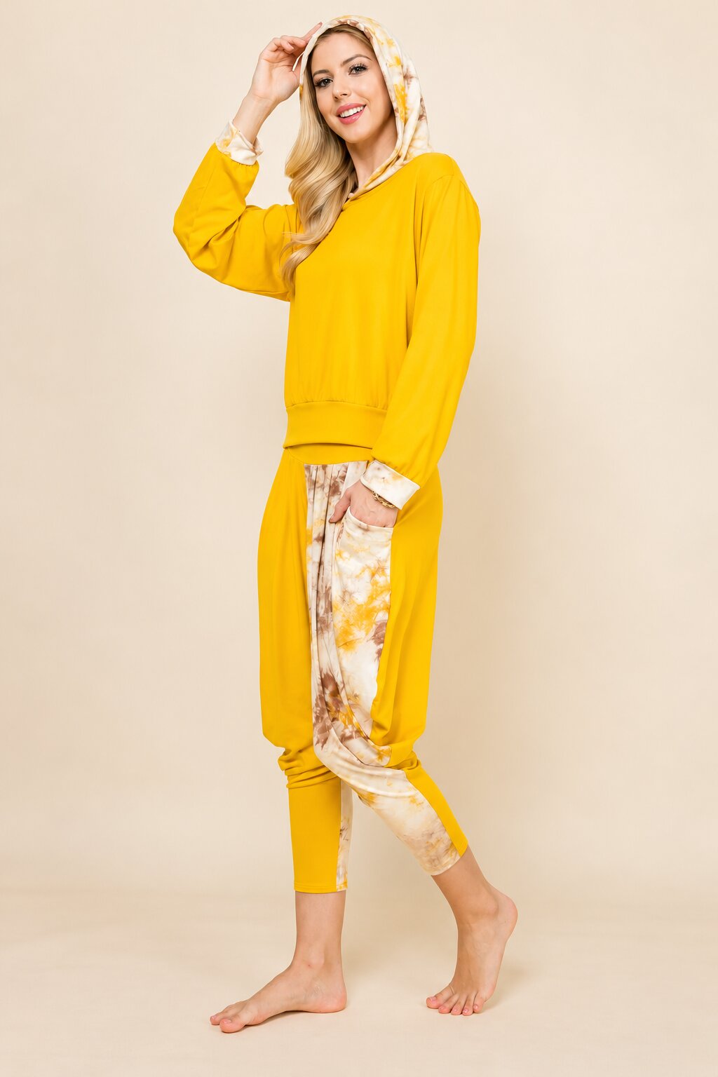 Mustard Patchwork Hoodie &amp; Harem Pants Matching Set | Made in USA