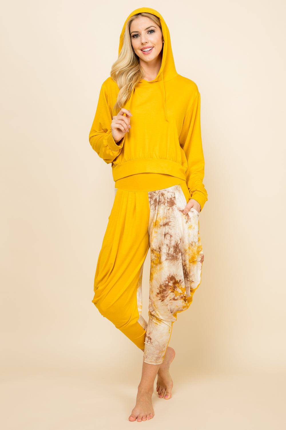 Kooniez Set - Mustard Patchwork Pants &amp; Mustard Solid Hoodie