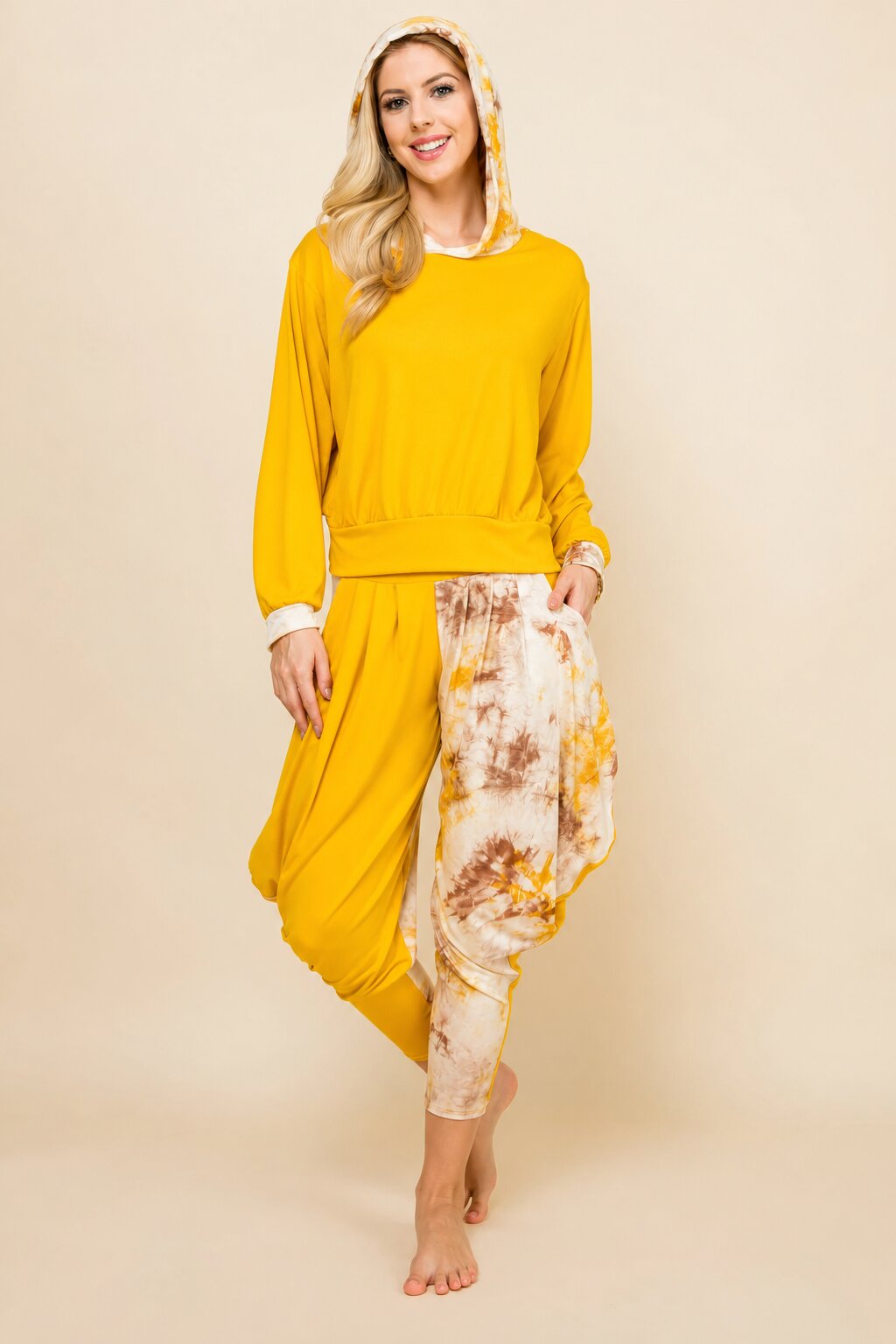 Mustard Patchwork Hoodie & Harem Pants Matching Set | Made in USA