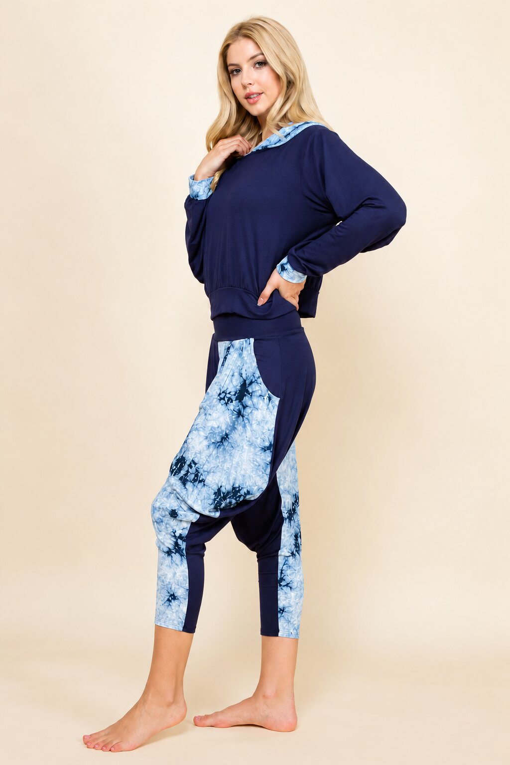 Navy Cloud Patchwork Hoodie &amp; Harem Pants Matching Set | Made in USA