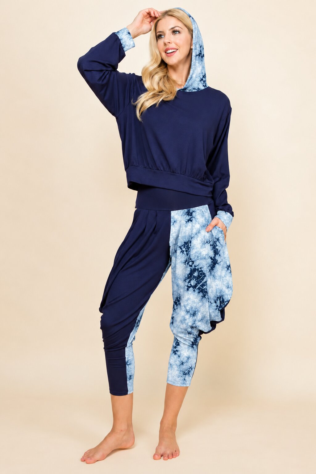 Navy Cloud Patchwork Hoodie &amp; Harem Pants Matching Set | Made in USA