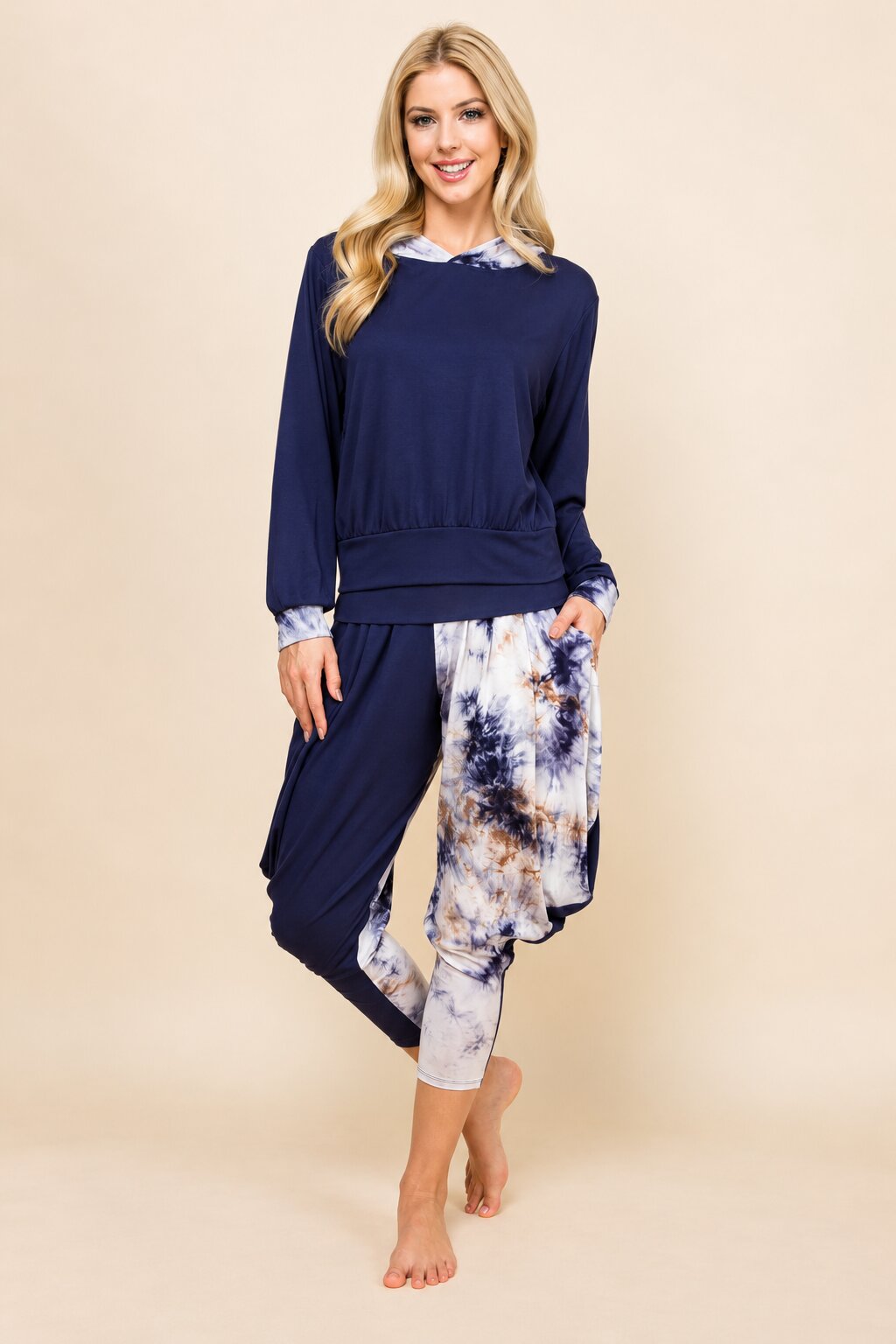 Navy Patchwork Hoodie &amp; Harem Pants Matching Set | Made in USA