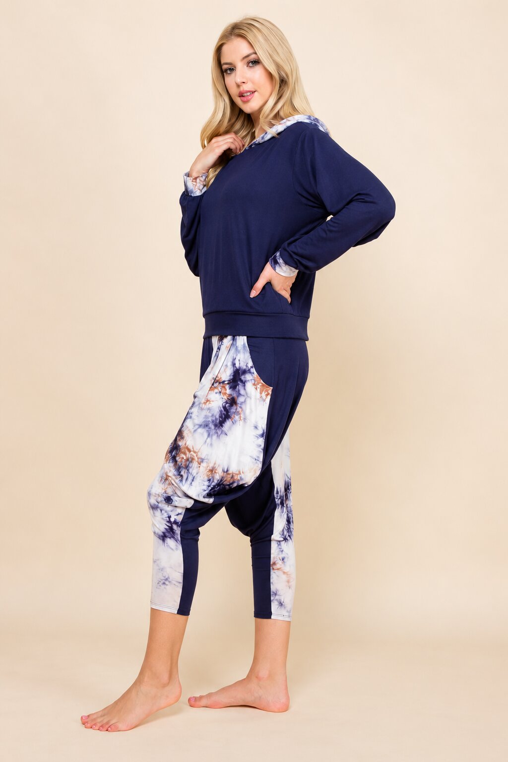 Navy Patchwork Hoodie &amp; Harem Pants Matching Set | Made in USA
