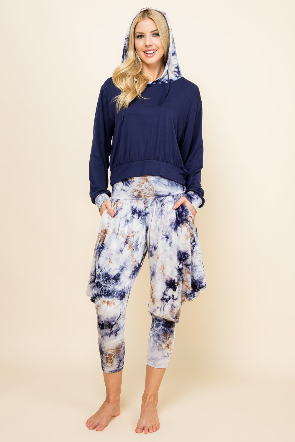 Tie-Dye Pants &amp; Navy Patchwork Hoodie