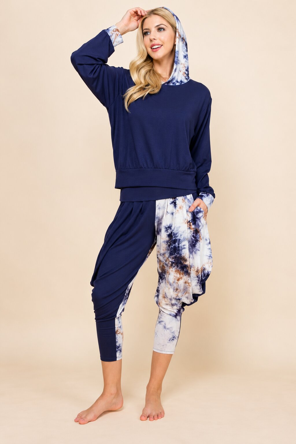 Navy Patchwork Hoodie &amp; Harem Pants Matching Set | Made in USA
