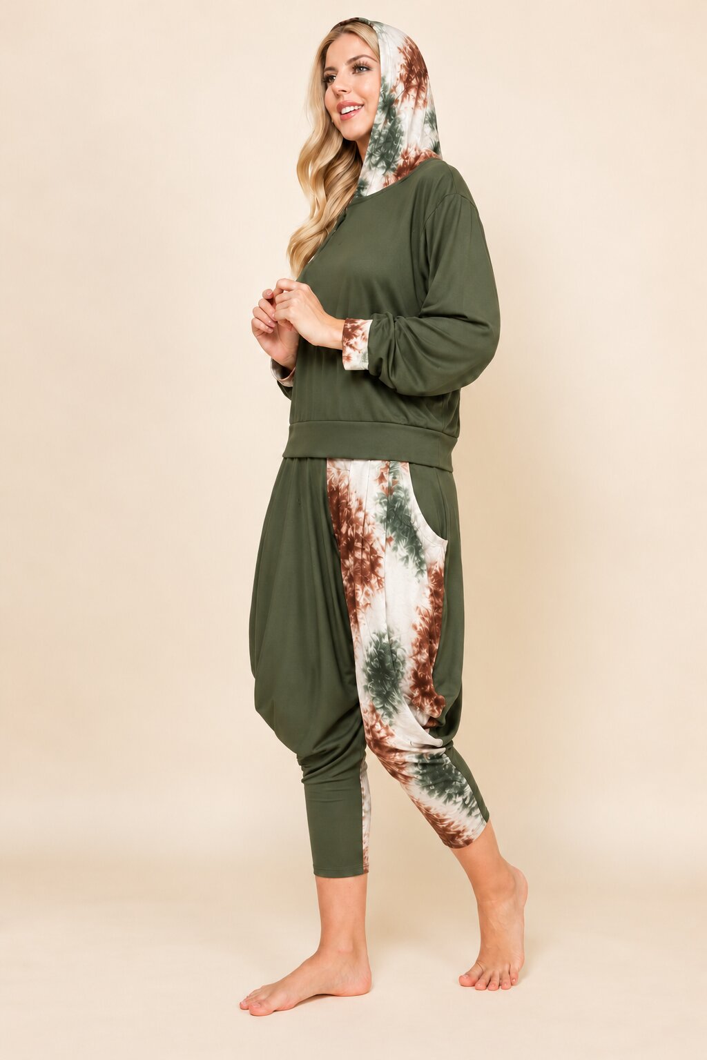 Olive Patchwork Hoodie &amp; Harem Pants Matching Set | Made in USA