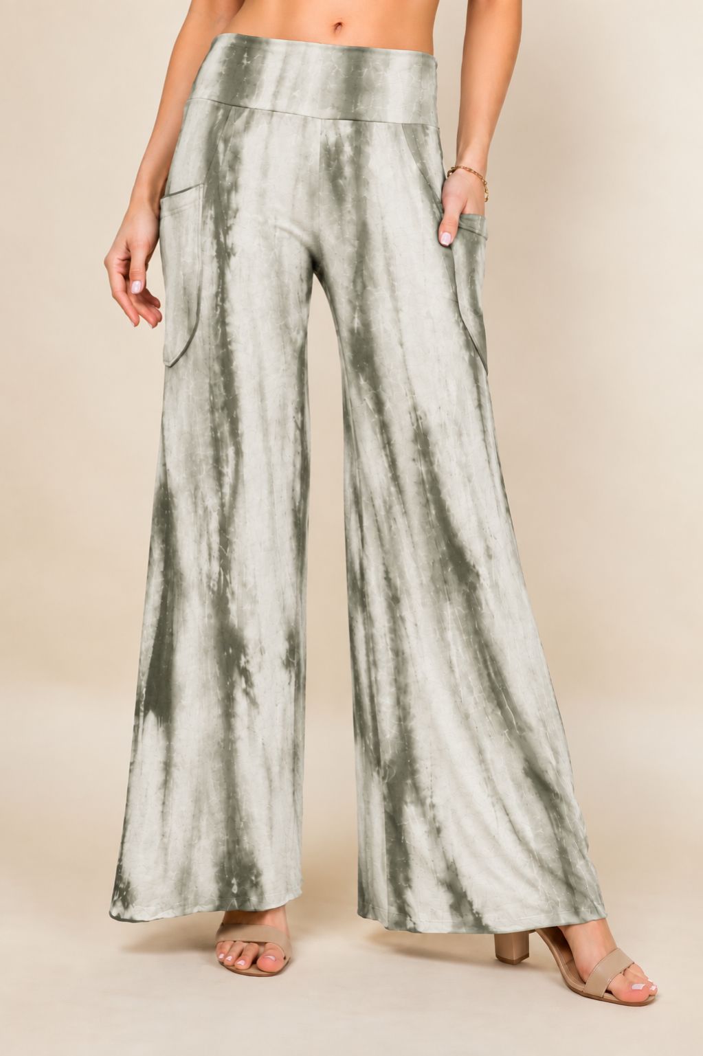 Front view of woman wearing navy tie-dye palazzo wide leg pants – flowy lounge style, made in USA