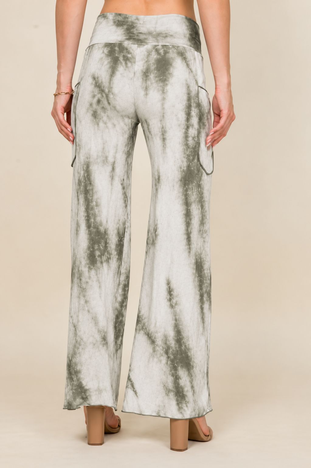 Back view of woman wearing navy tie-dye palazzo wide leg pants – flowy lounge style, made in USA