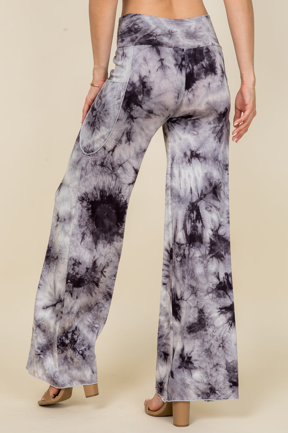 Back view of black and white tie-dye palazzo wide leg pants – soft pants for women made in USA