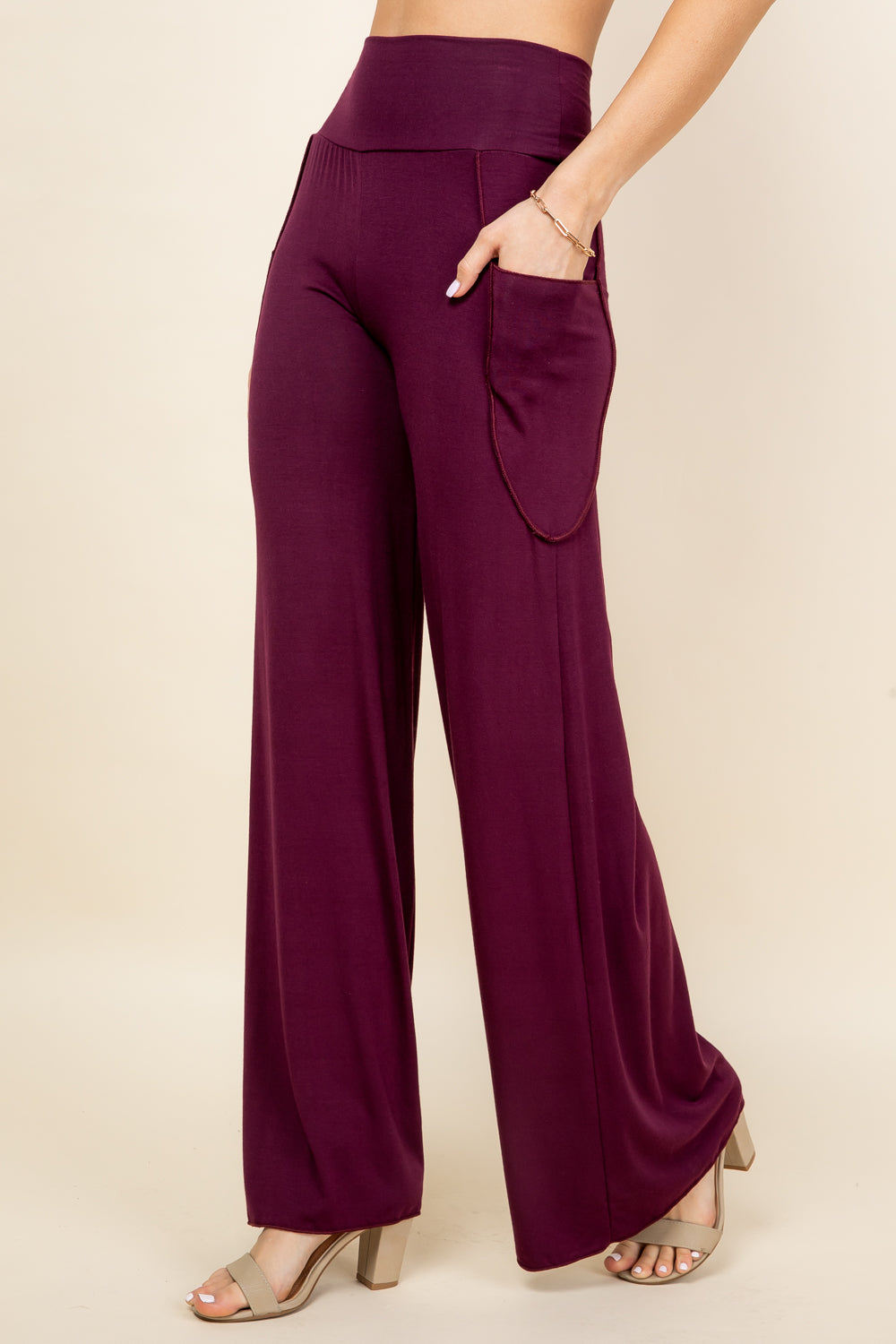 Side view of burgundy palazzo lounge pants – comfortable fit with stretch waistband