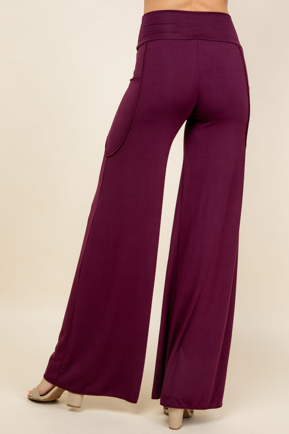 Back view of burgundy palazzo wide leg pants – soft pants for women made in USA