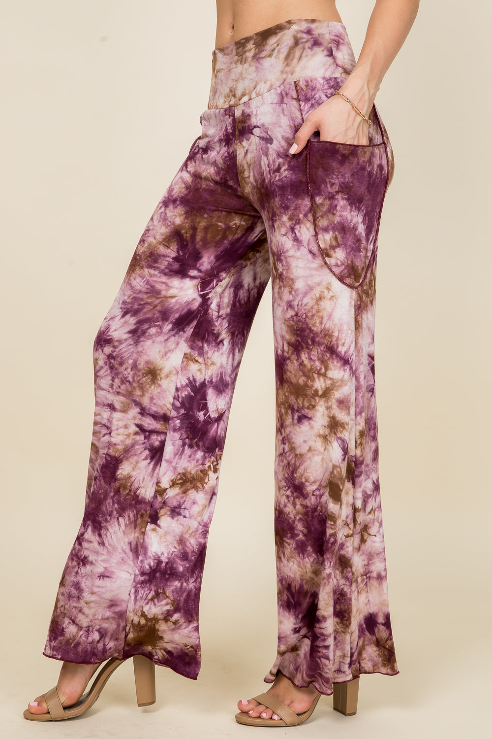 Back view of burgundy tie-dye palazzo wide leg pants – soft pants for women made in USA