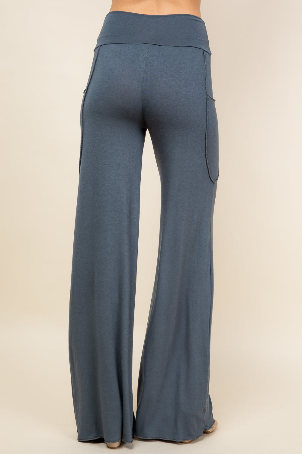 Back view of charcoal palazzo wide leg pants – soft pants for women made in USA