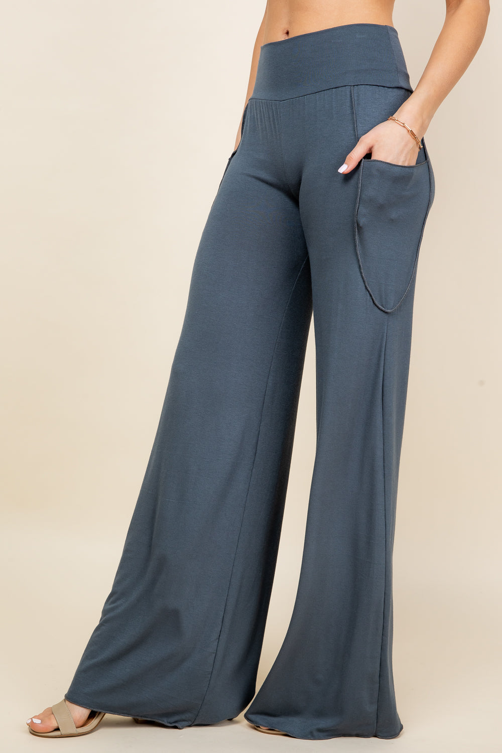 Side view of charcoal palazzo lounge pants – comfortable fit with stretch waistband