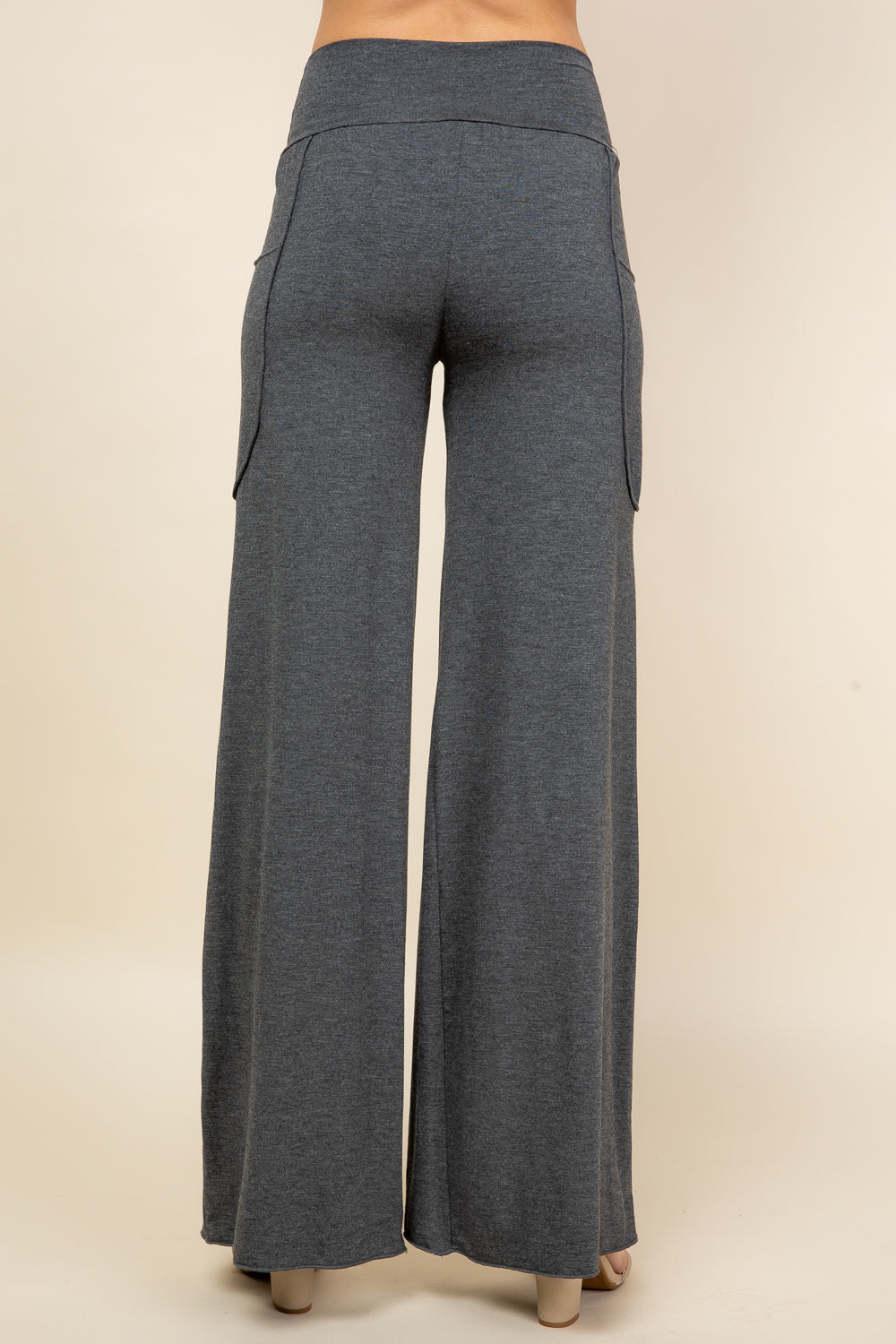 Back view of dark heather palazzo wide leg pants – soft pants for women made in USA