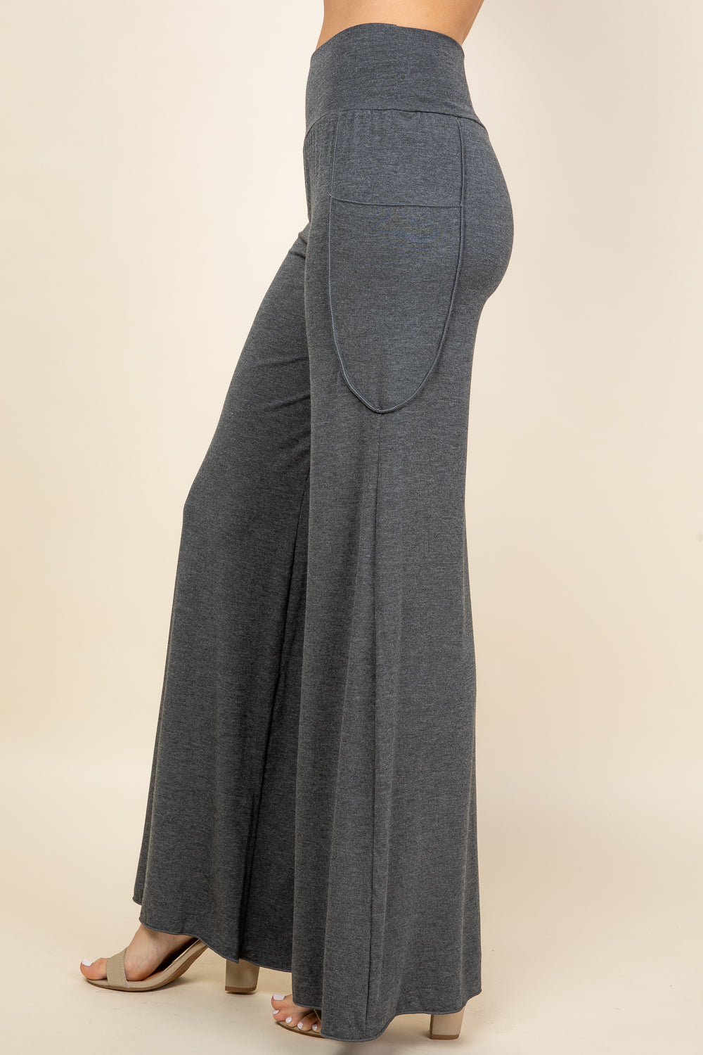 Side view of dark heather palazzo lounge pants – comfortable fit with stretch waistband