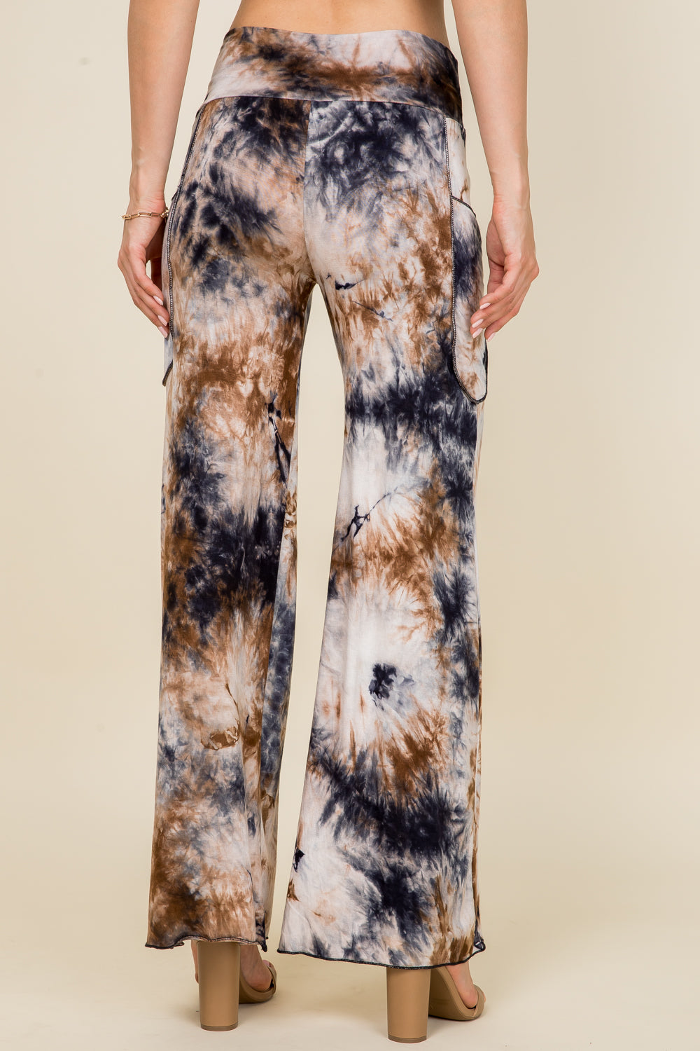 Back view of dark navy tie-dye palazzo wide leg pants – soft pants for women made in USA