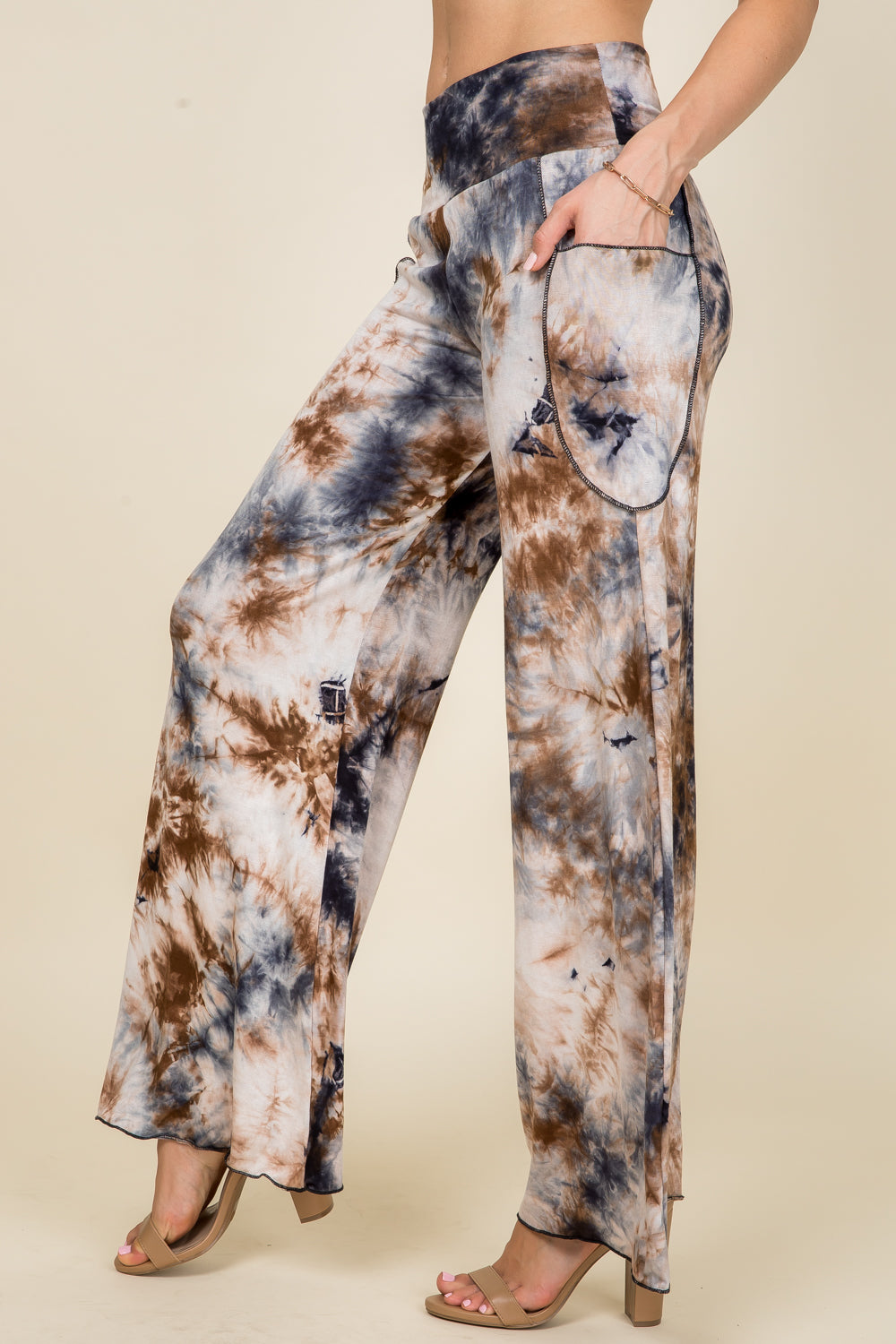 Side view of dark navy tie-dye palazzo lounge pants – comfortable fit with stretch waistband