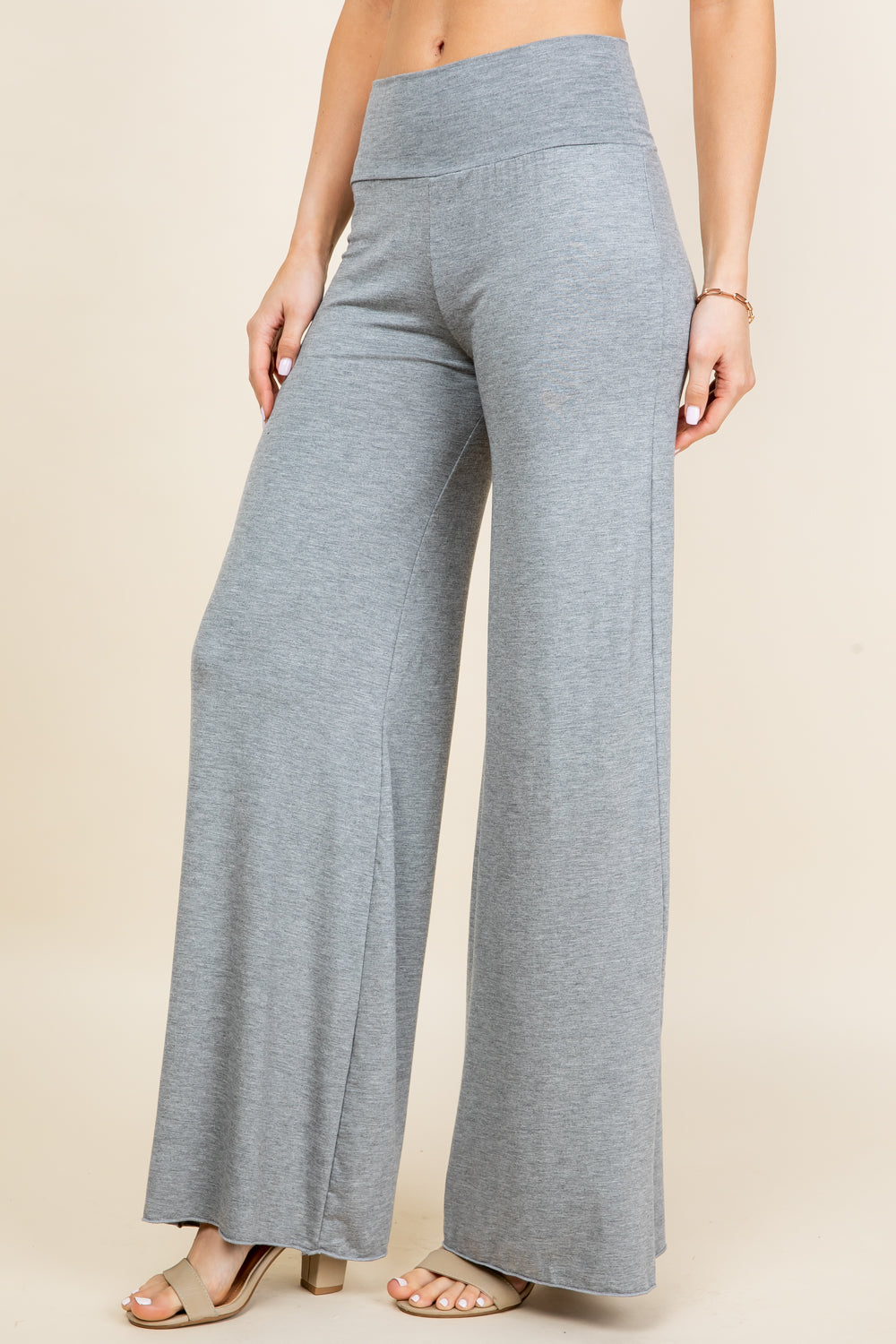 Side view of light heather palazzo lounge pants – comfortable fit with stretch waistband